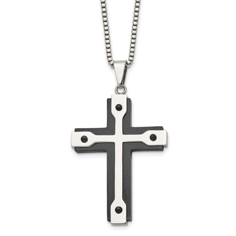 Men's Stainless Steel & Black Plated Large Cross Necklace, 22 Inch